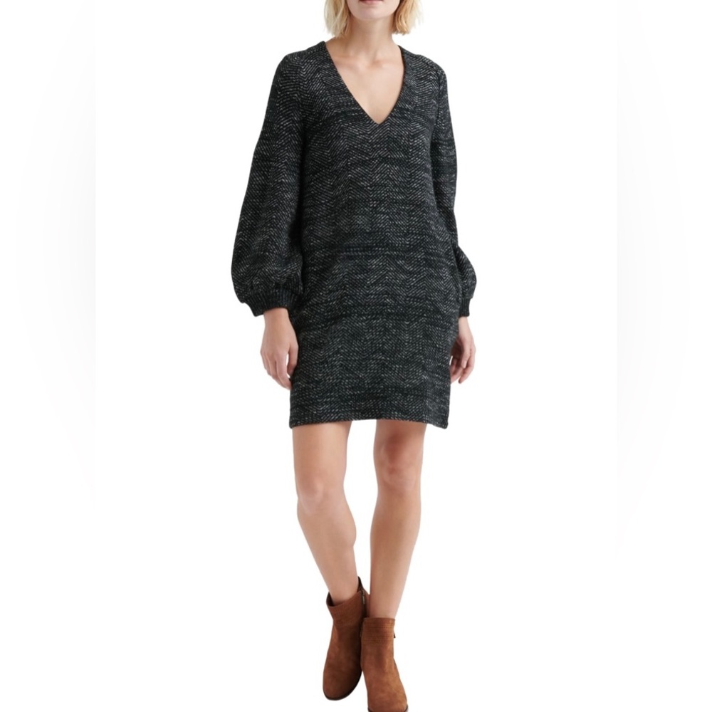 Lucky Brand‎ Black Blouson Sleeve V Neck Shift Sweater Dress Sz Large